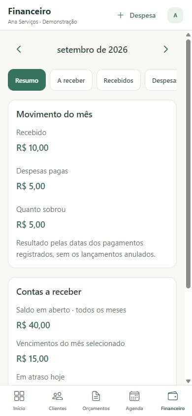 Tela real do financeiro do Prestto com recebimentos e valores pendentes da conta fictícia de demonstração.